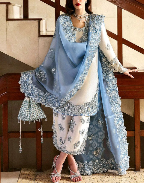 Adorable Intricate Embroidered White Cotton Lawn Dress with Embroidered Organza Dupatta