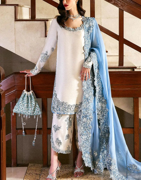 Adorable Intricate Embroidered White Cotton Lawn Dress with Embroidered Organza Dupatta