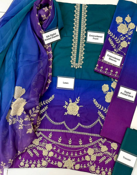 Trendy Ombre Style Embroidered Peacock Color Lawn Dress with Printed Silk Dupatta