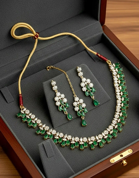 Adorable Zircon Studded Bridal Jewellery Set with Earrings & Tikka