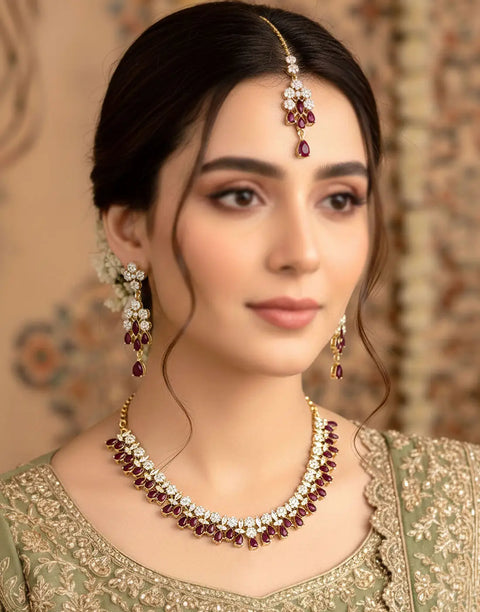 Adorable Zircon Studded Bridal Jewellery Set with Earrings & Tikka