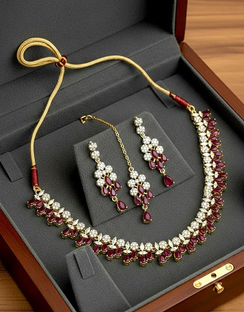 Adorable Zircon Studded Bridal Jewellery Set with Earrings & Tikka