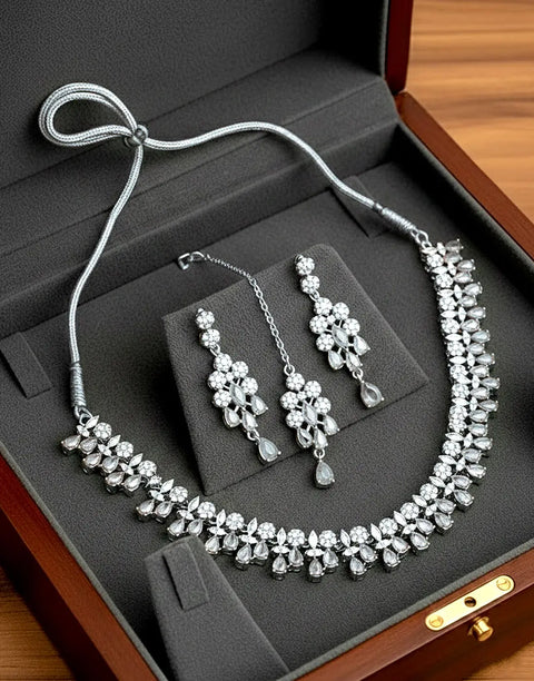 Adorable Zircon Studded Bridal Jewellery Set with Earrings & Tikka