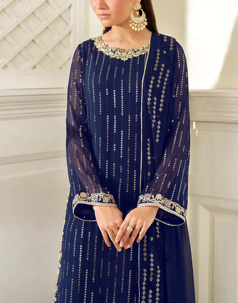 Glamorous Embroidered Navy Blue Chiffon Wedding Wear Dress