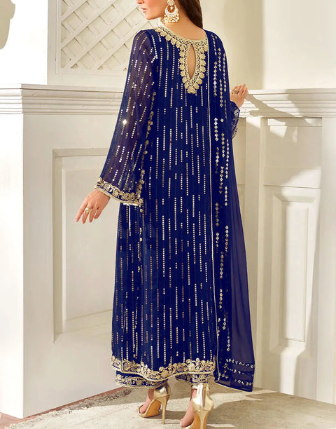 Glamorous Embroidered Navy Blue Chiffon Wedding Wear Dress