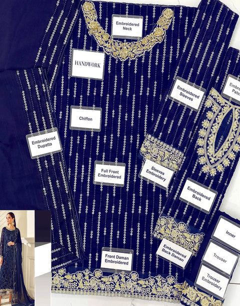 Glamorous Embroidered Navy Blue Chiffon Wedding Wear Dress