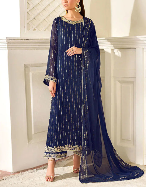 Glamorous Embroidered Navy Blue Chiffon Wedding Wear Dress