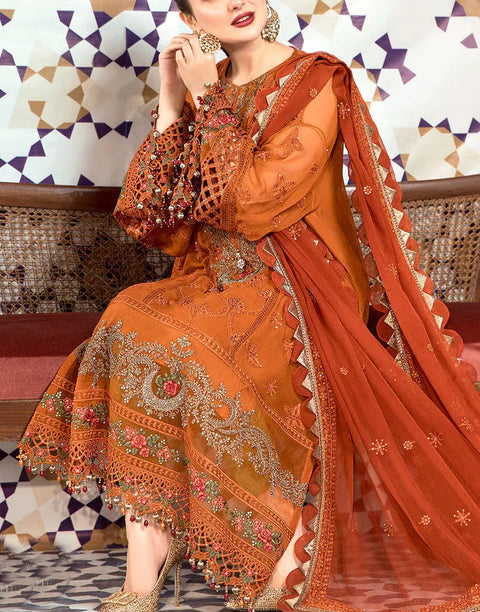 Heavy Embroidered Orange Chiffon Wedding Dress with Inner