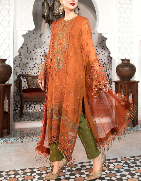 Heavy Embroidered Orange Chiffon Wedding Dress with Inner
