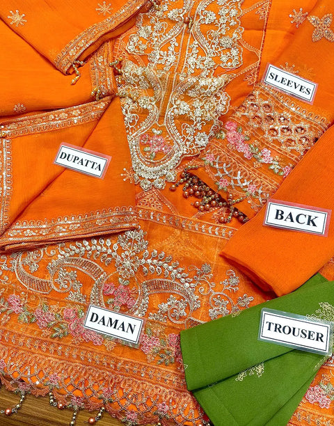 Heavy Embroidered Orange Chiffon Wedding Dress with Inner