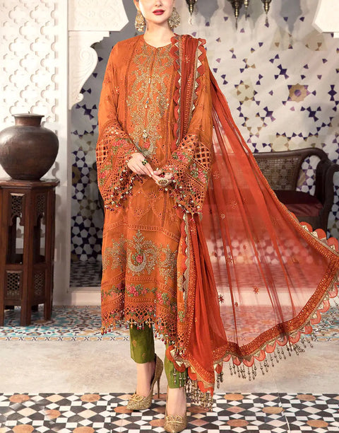 Heavy Embroidered Orange Chiffon Wedding Dress with Inner