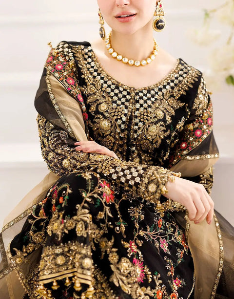 Glamorous Heavy Embroidered Black Chiffon Party Dress with Emb. Organza Dupatta
