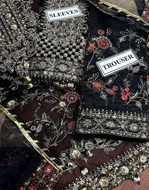 Glamorous Heavy Embroidered Black Chiffon Party Dress with Emb. Organza Dupatta