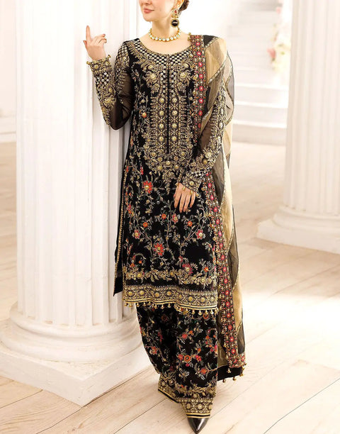 Glamorous Heavy Embroidered Black Chiffon Party Dress with Emb. Organza Dupatta