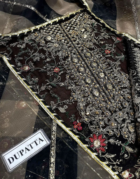 Glamorous Heavy Embroidered Black Chiffon Party Dress with Emb. Organza Dupatta