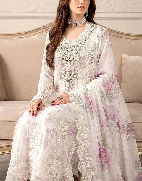 Heavy Embroidered White Chiffon Wedding Wear Dress with Inner