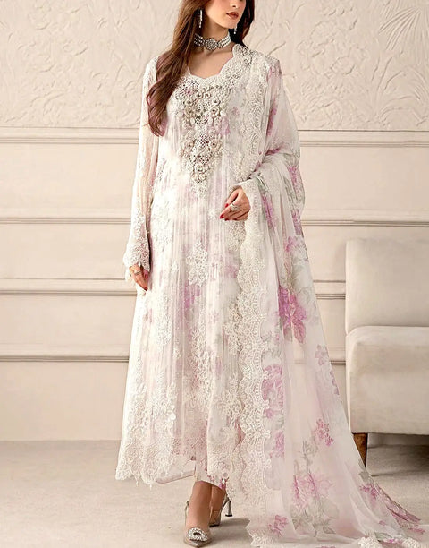 Heavy Embroidered White Chiffon Wedding Wear Dress with Inner