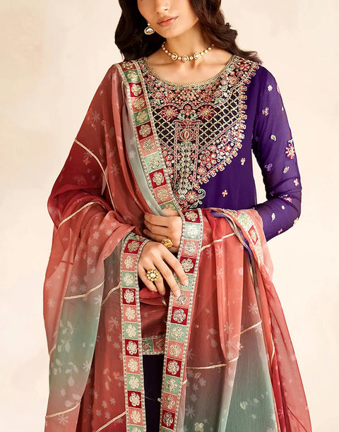 Heavy Embroidered Purple Formal Chiffon Dress with Emb. Silk Trouser