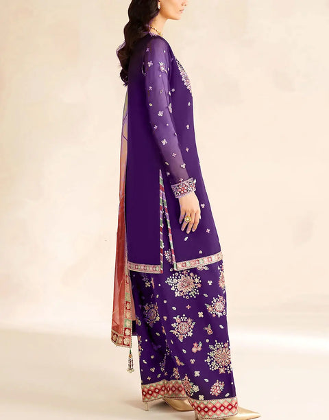 Heavy Embroidered Purple Formal Chiffon Dress with Emb. Silk Trouser