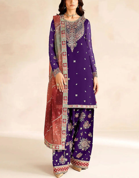 Heavy Embroidered Purple Formal Chiffon Dress with Emb. Silk Trouser