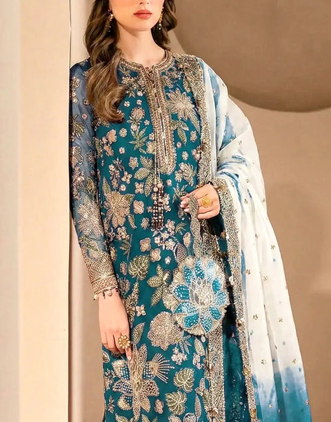 Glamorous Heavy Embroidered Peacock Blue Chiffon Wedding Dress with Emb. Silk Trouser