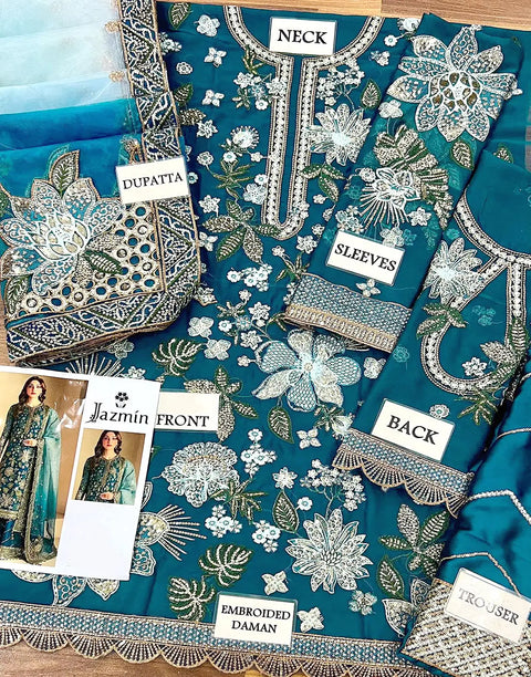Glamorous Heavy Embroidered Peacock Blue Chiffon Wedding Dress with Emb. Silk Trouser