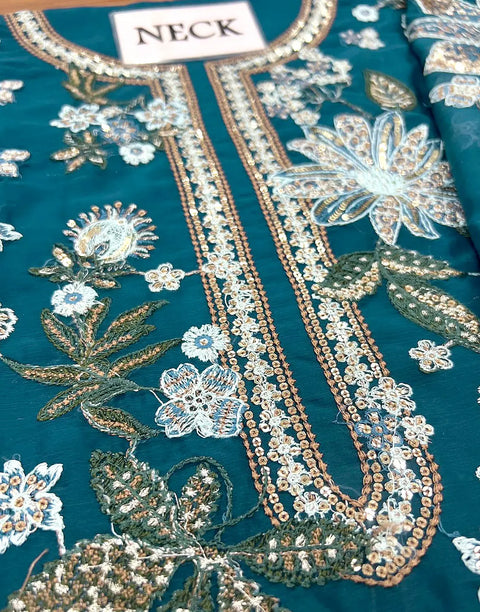 Glamorous Heavy Embroidered Peacock Blue Chiffon Wedding Dress with Emb. Silk Trouser