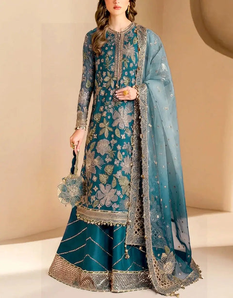 Glamorous Heavy Embroidered Peacock Blue Chiffon Wedding Dress with Emb. Silk Trouser