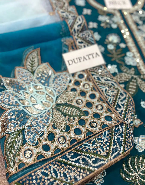 Glamorous Heavy Embroidered Peacock Blue Chiffon Wedding Dress with Emb. Silk Trouser