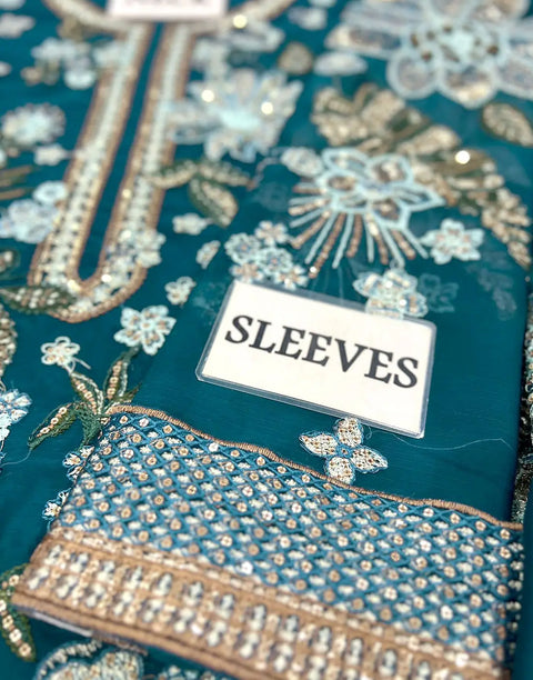 Glamorous Heavy Embroidered Peacock Blue Chiffon Wedding Dress with Emb. Silk Trouser