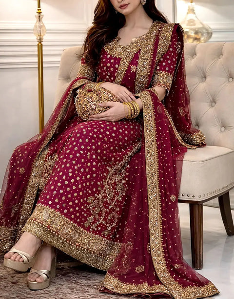 Luxurious Adda Work & Heavy Embroidered Chiffon Bridal Dress with Matching Potli Bag