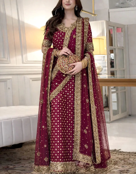 Luxurious Adda Work & Heavy Embroidered Chiffon Bridal Dress with Matching Potli Bag