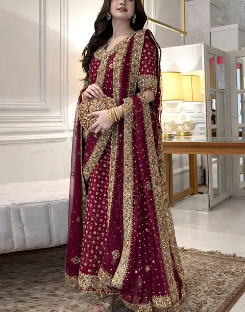 Luxurious Adda Work & Heavy Embroidered Chiffon Bridal Dress with Matching Potli Bag
