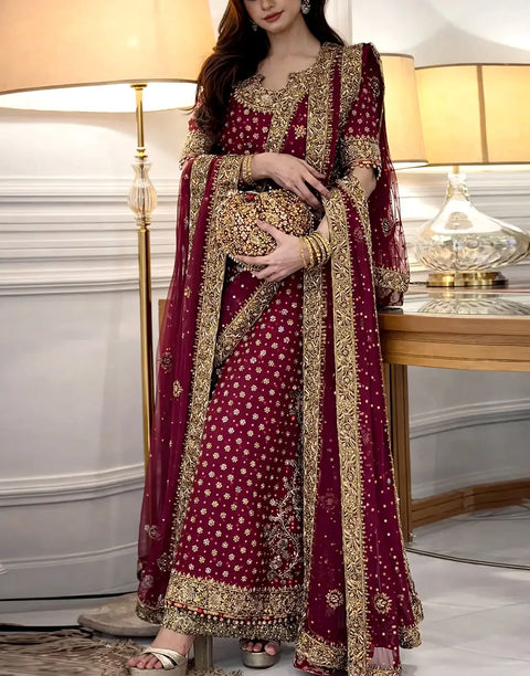 Luxurious Adda Work & Heavy Embroidered Chiffon Bridal Dress with Matching Potli Bag