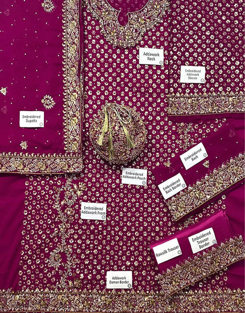 Luxurious Adda Work & Heavy Embroidered Chiffon Bridal Dress with Matching Potli Bag