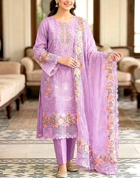 Heavy Schiffli Embroidered Cotton Party Dress with Emb. Chiffon Dupatta