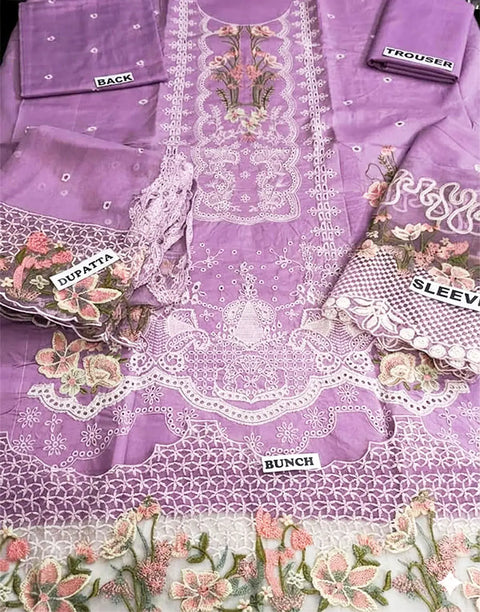 Heavy Schiffli Embroidered Cotton Party Dress with Emb. Chiffon Dupatta