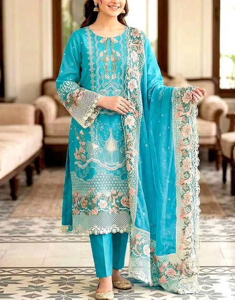 Heavy Schiffli Embroidered Cotton Party Dress with Emb. Chiffon Dupatta