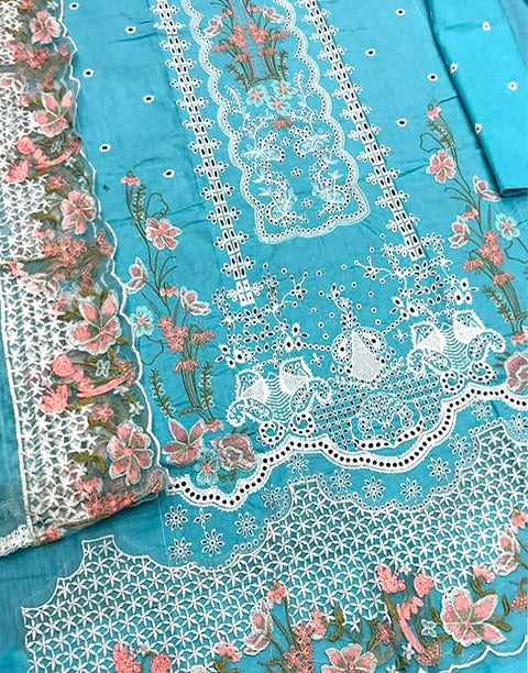 Heavy Schiffli Embroidered Cotton Party Dress with Emb. Chiffon Dupatta