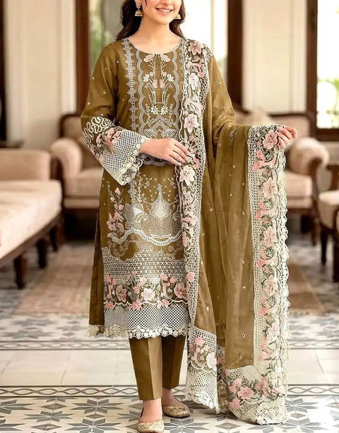 Heavy Schiffli Embroidered Cotton Party Dress with Emb. Chiffon Dupatta