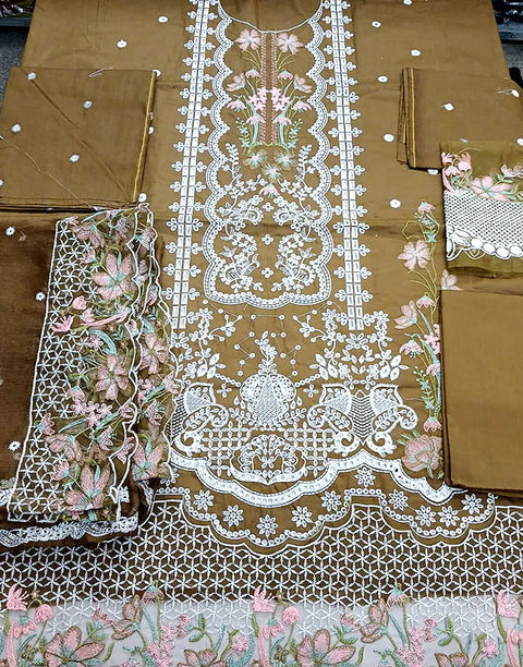 Heavy Schiffli Embroidered Cotton Party Dress with Emb. Chiffon Dupatta