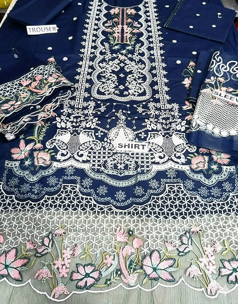 Heavy Schiffli Embroidered Navy Blue Cotton Party Dress with Emb. Chiffon Dupatta