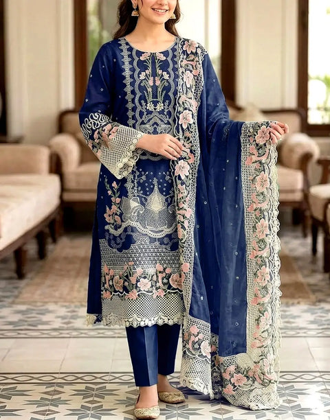 Heavy Schiffli Embroidered Cotton Party Dress with Emb. Chiffon Dupatta