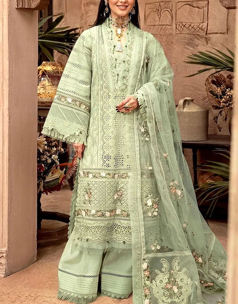 Heavy Schiffli Embroidered Cotton Party Wear Suit with Emb. Chiffon Dupatta
