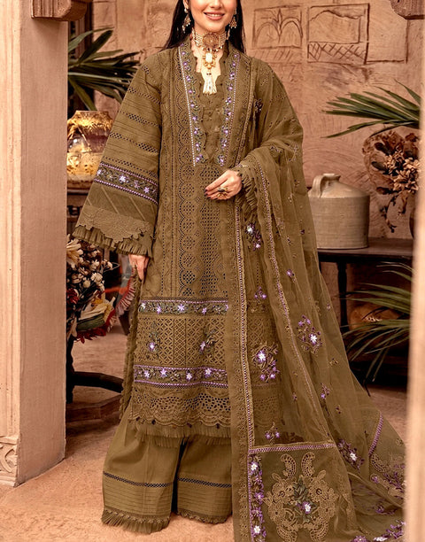 Heavy Schiffli Embroidered Cotton Party Wear Suit with Emb. Chiffon Dupatta