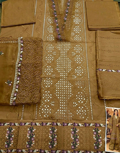 Heavy Schiffli Embroidered Cotton Party Wear Suit with Emb. Chiffon Dupatta