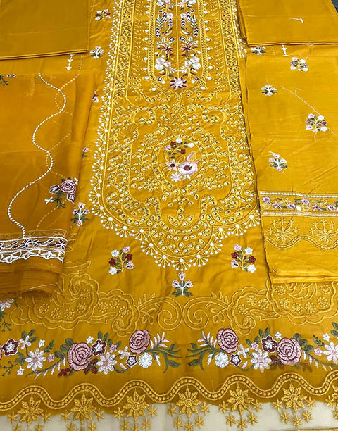 Heavy Schiffli Embroidered Cotton Party Dress with Emb. Chiffon Dupatta