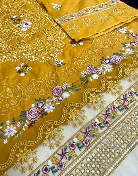 Heavy Schiffli Embroidered Cotton Party Dress with Emb. Chiffon Dupatta