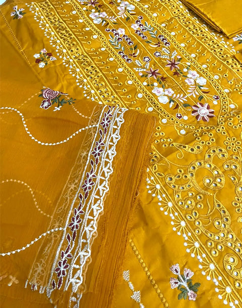 Heavy Schiffli Embroidered Cotton Party Dress with Emb. Chiffon Dupatta