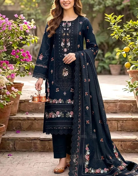 Heavy Schiffli Embroidered Cotton Party Dress with Emb. Chiffon Dupatta
